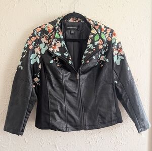 NWOT Colleen Lopez Black Faux Leather Jacket with Floral Embroidery